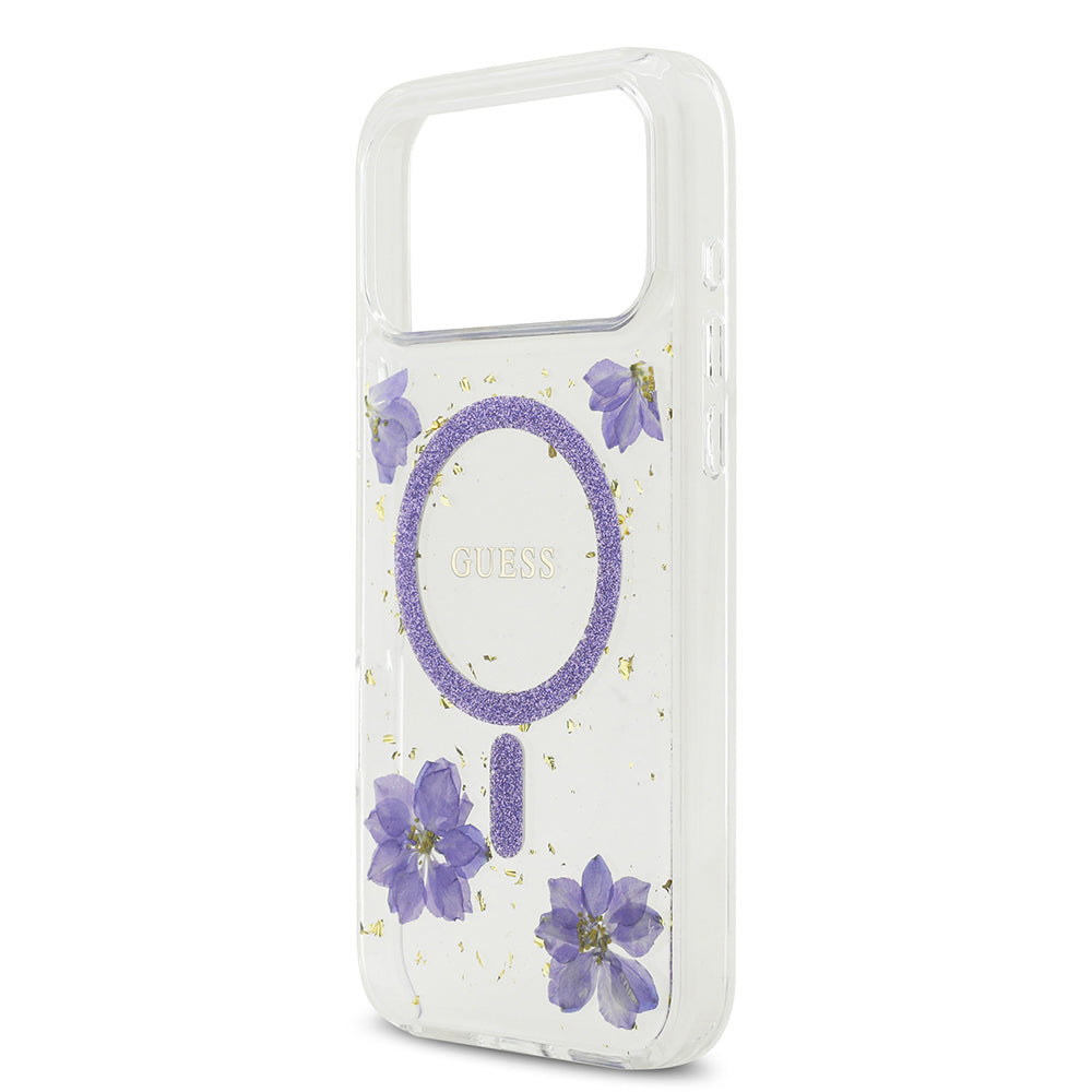 iPhone 17 Pro Max Kılıf Guess Orjinal Lisanslı M-safe Şarj Özellikli Transparan Resin Flowers Kılıf