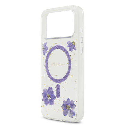 iPhone 17 Pro Max Kılıf Guess Orjinal Lisanslı M-safe Şarj Özellikli Transparan Resin Flowers Kılıf