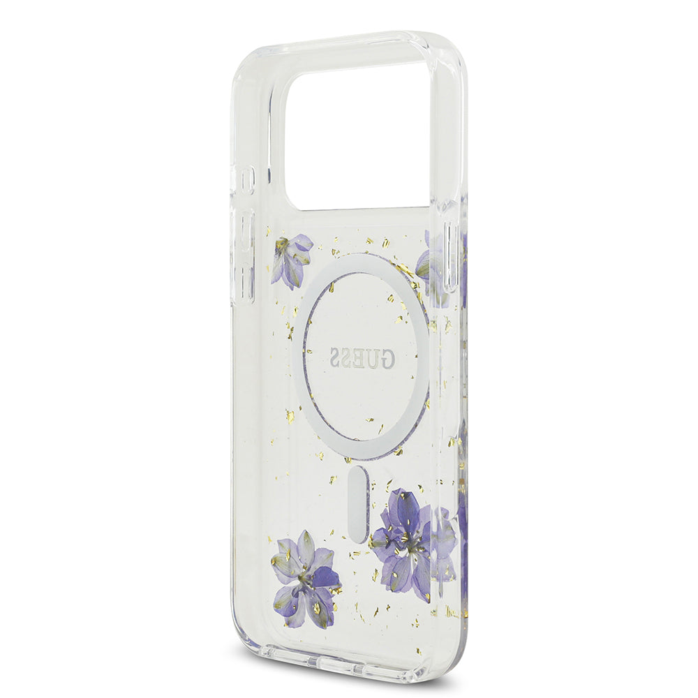 iPhone 17 Pro Max Kılıf Guess Orjinal Lisanslı M-safe Şarj Özellikli Transparan Resin Flowers Kılıf