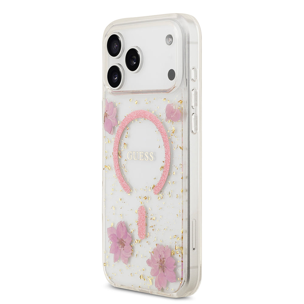 iPhone 17 Pro Max Kılıf Guess Orjinal Lisanslı M-safe Şarj Özellikli Transparan Resin Flowers Kılıf