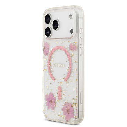 iPhone 17 Pro Max Kılıf Guess Orjinal Lisanslı M-safe Şarj Özellikli Transparan Resin Flowers Kılıf