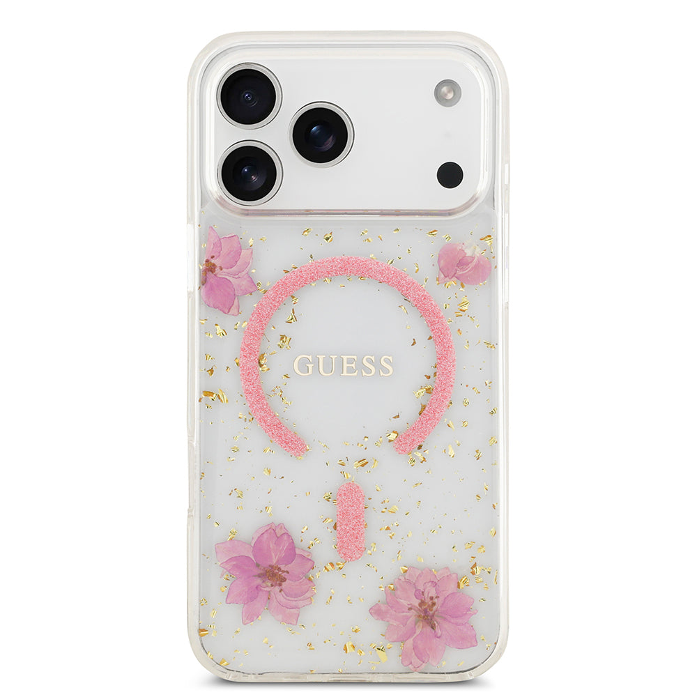 iPhone 17 Pro Max Kılıf Guess Orjinal Lisanslı M-safe Şarj Özellikli Transparan Resin Flowers Kılıf