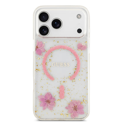 iPhone 17 Pro Max Kılıf Guess Orjinal Lisanslı M-safe Şarj Özellikli Transparan Resin Flowers Kılıf