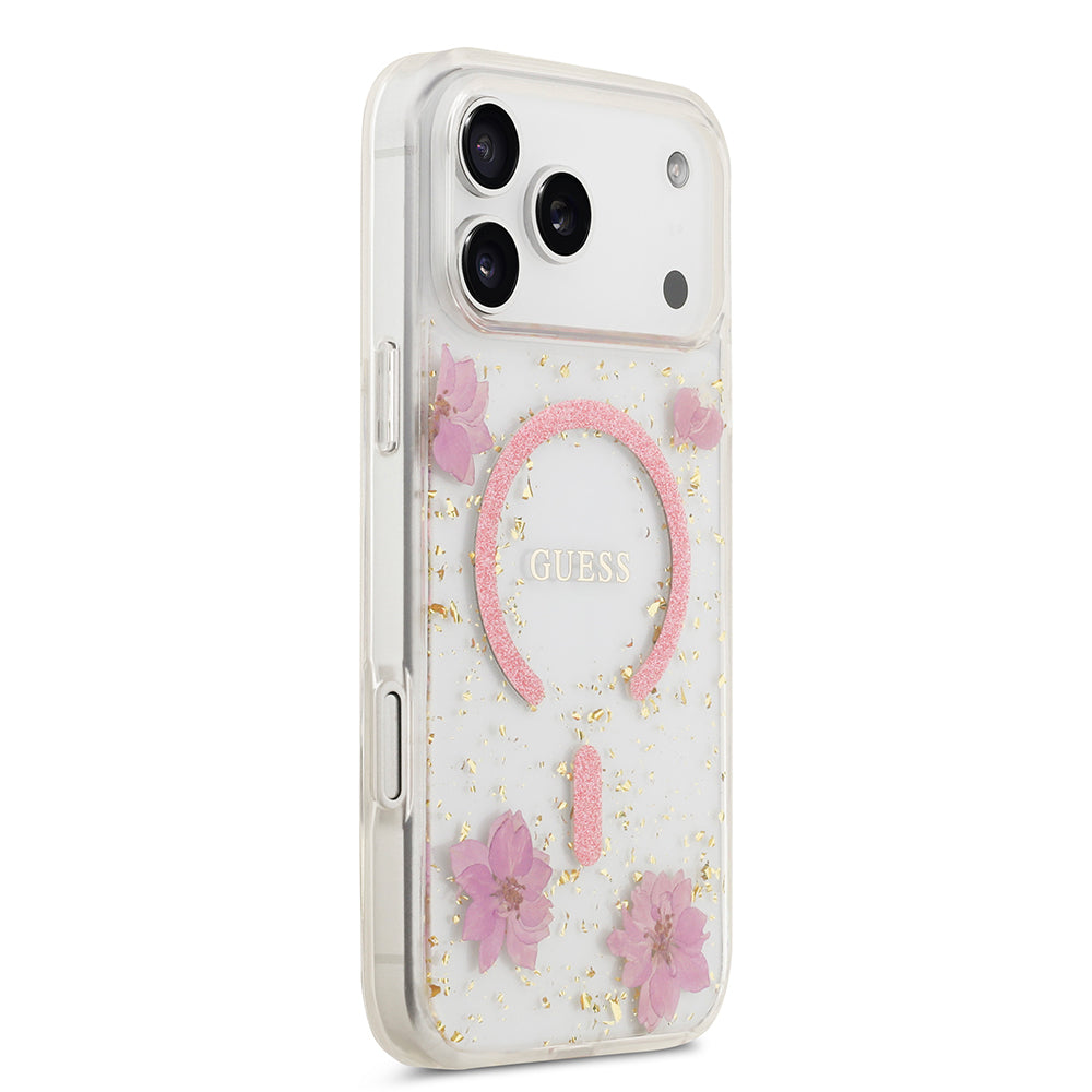 iPhone 17 Pro Max Kılıf Guess Orjinal Lisanslı M-safe Şarj Özellikli Transparan Resin Flowers Kılıf