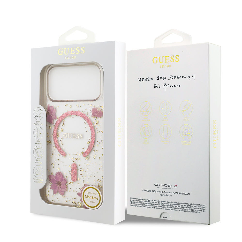 iPhone 17 Pro Max Kılıf Guess Orjinal Lisanslı M-safe Şarj Özellikli Transparan Resin Flowers Kılıf