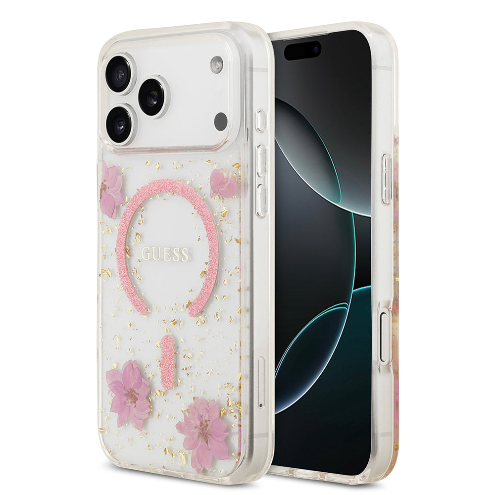 iPhone 17 Pro Max Kılıf Guess Orjinal Lisanslı M-safe Şarj Özellikli Transparan Resin Flowers Kılıf