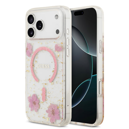 iPhone 17 Pro Max Kılıf Guess Orjinal Lisanslı M-safe Şarj Özellikli Transparan Resin Flowers Kılıf