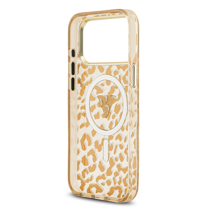 iPhone 17 Pro Max Kılıf Guess Orjinal Lisanslı M-safe Şarj Özellikli Üçgen Logolu Simli Leopar Desenli Kılıf