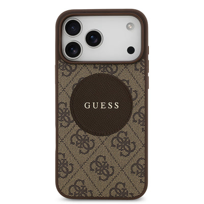 Apple iPhone 17 Pro Max Kılıf Guess Orjinal Lisanslı M-safe Şarj Özellikli Yazı Logolu Circle Classic Kapak Kahverengi