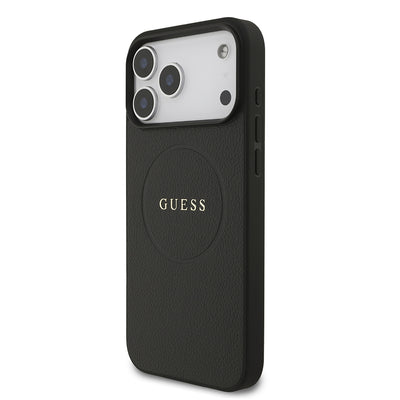 Apple iPhone 17 Pro Max Kılıf Guess Orjinal Lisanslı M-safe Şarj Özellikli Yazı Logolu PU Deri Kapak Siyah
