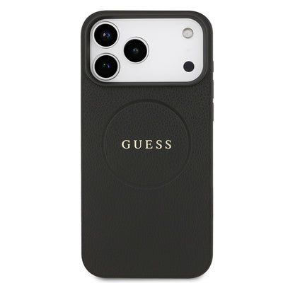 Apple iPhone 17 Pro Max Kılıf Guess Orjinal Lisanslı M-safe Şarj Özellikli Yazı Logolu PU Deri Kapak Siyah