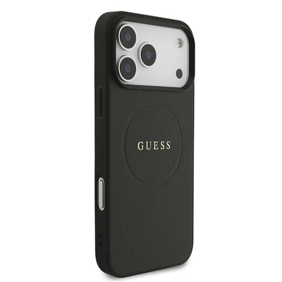 Apple iPhone 17 Pro Max Kılıf Guess Orjinal Lisanslı M-safe Şarj Özellikli Yazı Logolu PU Deri Kapak Siyah