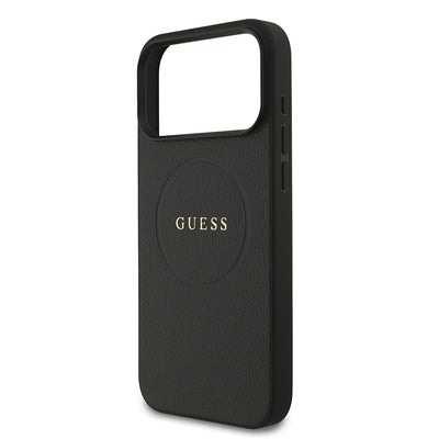 Apple iPhone 17 Pro Max Kılıf Guess Orjinal Lisanslı M-safe Şarj Özellikli Yazı Logolu PU Deri Kapak Siyah