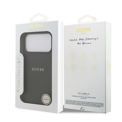Apple iPhone 17 Pro Max Kılıf Guess Orjinal Lisanslı M-safe Şarj Özellikli Yazı Logolu PU Deri Kapak Siyah