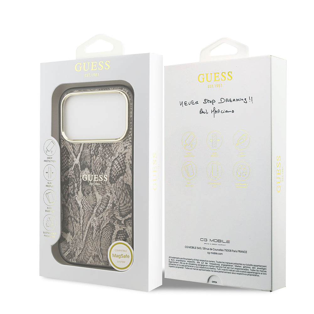 iPhone 17 Pro Max Kılıf Guess Orjinal Lisanslı M-safe Şarj Özellikli Yazı Logolu Python Desenli Kılıf