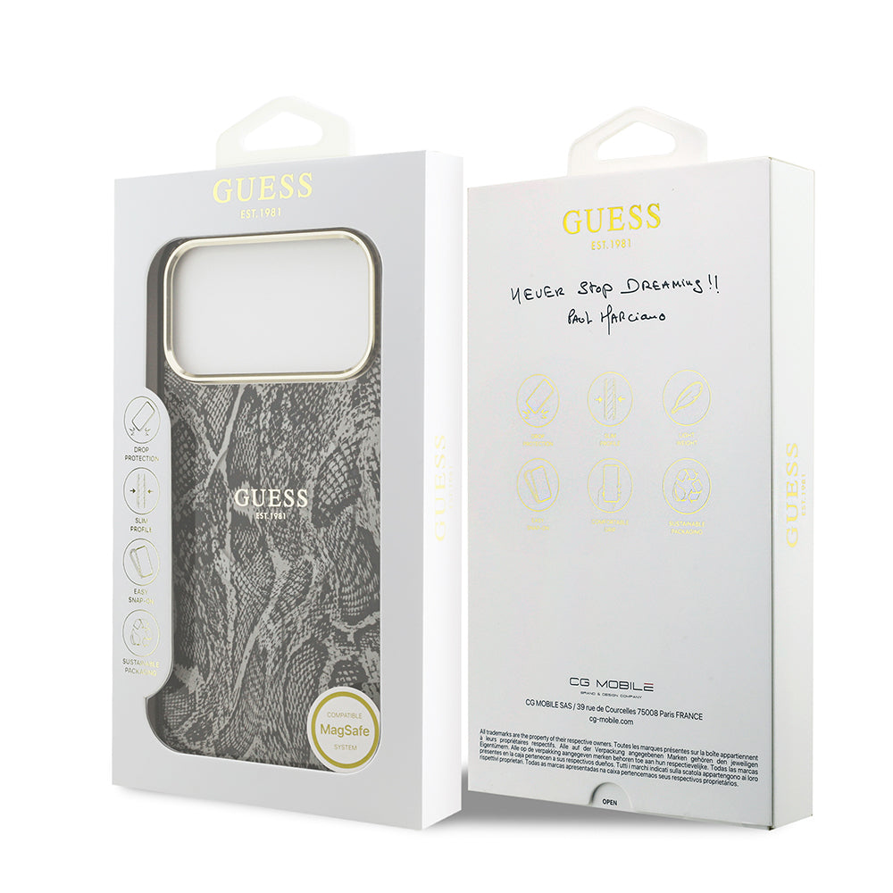 iPhone 17 Pro Max Kılıf Guess Orjinal Lisanslı M-safe Şarj Özellikli Yazı Logolu Python Desenli Kılıf
