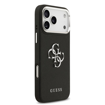 Apple iPhone 17 Pro Max Kılıf Guess Orjinal Lisanslı Metal Kamera Çerçeveli Metal Büyük 4G ve Yazı Logolu PU Deri Kapak Siyah