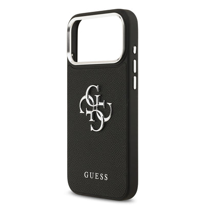 Apple iPhone 17 Pro Max Kılıf Guess Orjinal Lisanslı Metal Kamera Çerçeveli Metal Büyük 4G ve Yazı Logolu PU Deri Kapak Siyah
