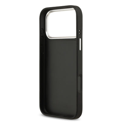 Apple iPhone 17 Pro Max Kılıf Guess Orjinal Lisanslı Metal Kamera Çerçeveli Metal Büyük 4G ve Yazı Logolu PU Deri Kapak Siyah