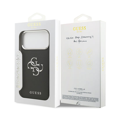 Apple iPhone 17 Pro Max Kılıf Guess Orjinal Lisanslı Metal Kamera Çerçeveli Metal Büyük 4G ve Yazı Logolu PU Deri Kapak Siyah