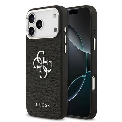 iPhone 17 Pro Max Kılıf Guess Orjinal Lisanslı Metal Kamera Çerçeveli Metal Büyük 4G ve Yazı Logolu PU Deri Kılıf