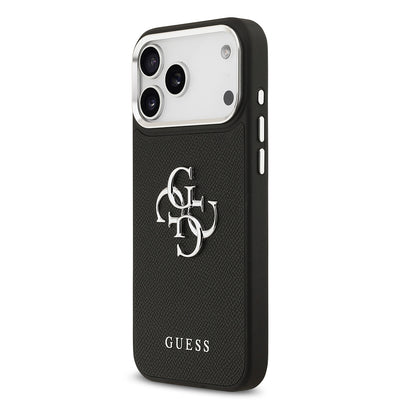 Apple iPhone 17 Pro Max Kılıf Guess Orjinal Lisanslı Metal Kamera Çerçeveli Metal Büyük 4G ve Yazı Logolu PU Deri Kapak Siyah