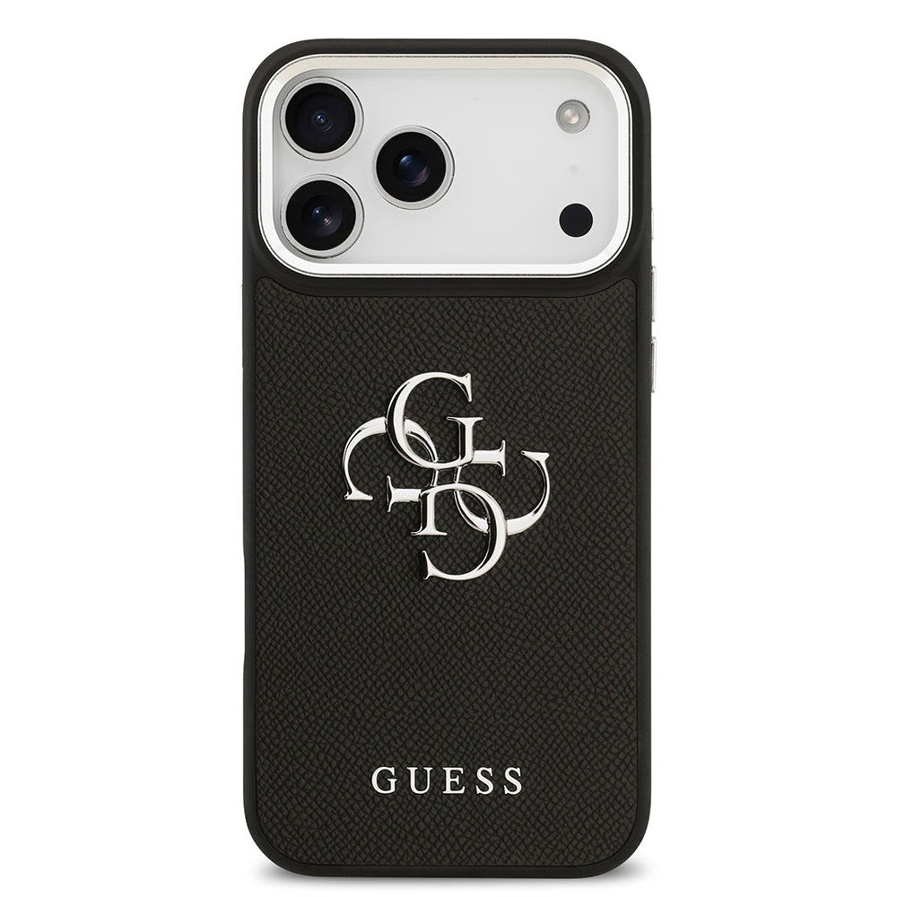 iPhone 17 Pro Max Kılıf Guess Orjinal Lisanslı Metal Kamera Çerçeveli Metal Büyük 4G ve Yazı Logolu PU Deri Kılıf