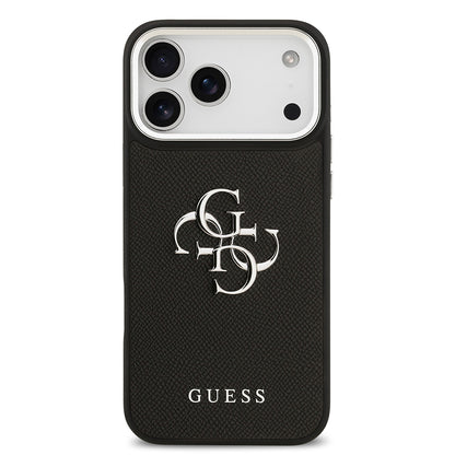 iPhone 17 Pro Max Kılıf Guess Orjinal Lisanslı Metal Kamera Çerçeveli Metal Büyük 4G ve Yazı Logolu PU Deri Kılıf