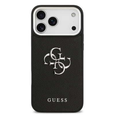 Apple iPhone 17 Pro Max Kılıf Guess Orjinal Lisanslı Metal Kamera Çerçeveli Metal Büyük 4G ve Yazı Logolu PU Deri Kapak Siyah