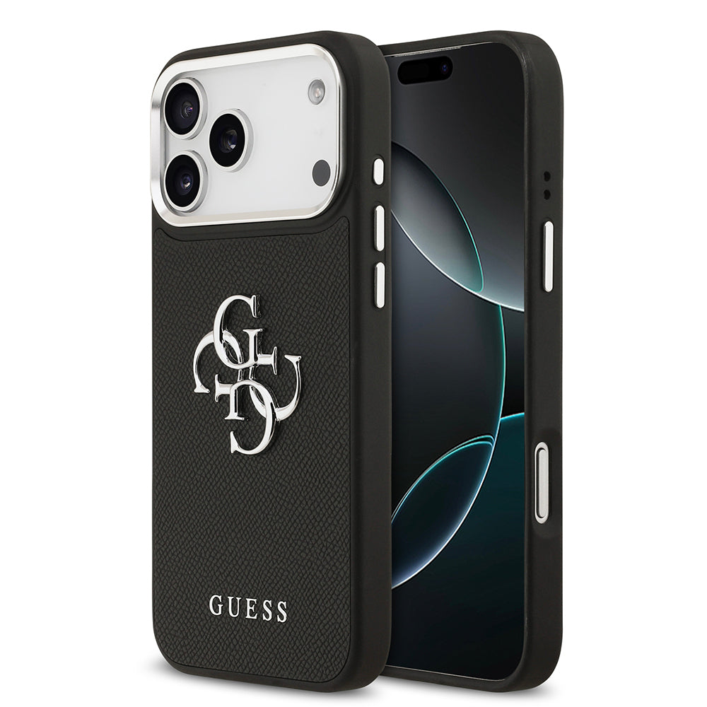 iPhone 17 Pro Max Kılıf Guess Orjinal Lisanslı Metal Kamera Çerçeveli Metal Büyük 4G ve Yazı Logolu PU Deri Kılıf