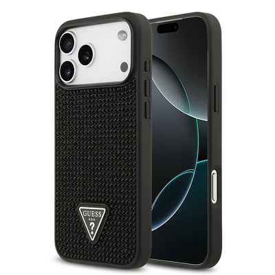 Apple iPhone 17 Pro Max Kılıf Guess Orjinal Lisanslı Taşlı Arka Yüzey Üçgen Logolu Kapak Siyah