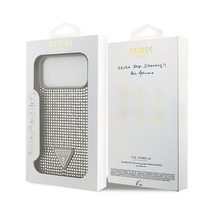iPhone 17 Pro Max Kılıf Guess Orjinal Lisanslı Taşlı Arka Yüzey Üçgen Logolu Kılıf