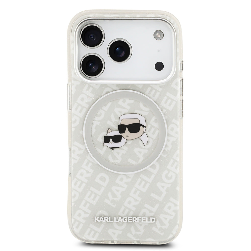 iPhone 17 Pro Max Kılıf Karl Lagerfeld Orjinal Lisanslı Parlayan Simli Karl & Choupette Heads Kılıf