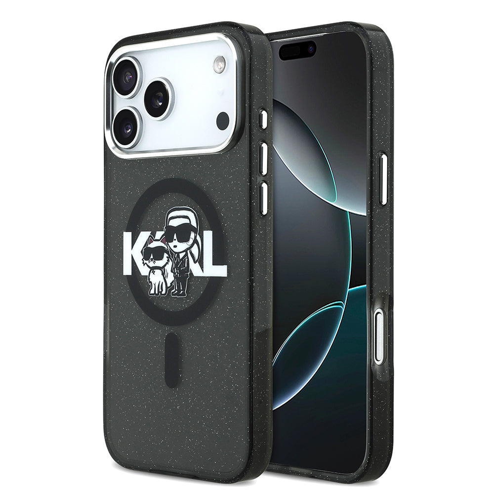 iPhone 17 Pro Max Kılıf Karl Lagerfeld Orjinal Lisanslı Parlayan Simli Karl & Choupette Sketch Logo Kılıf