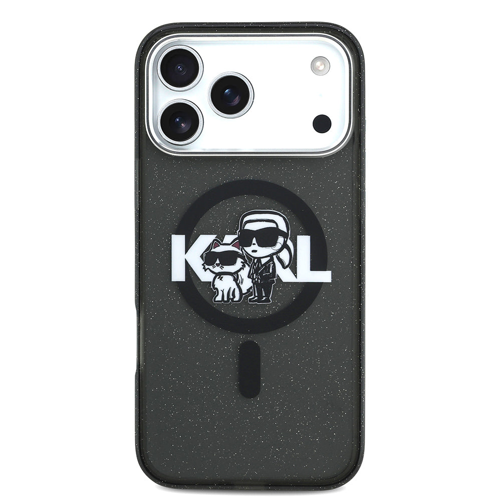 iPhone 17 Pro Max Kılıf Karl Lagerfeld Orjinal Lisanslı Parlayan Simli Karl & Choupette Sketch Logo Kılıf