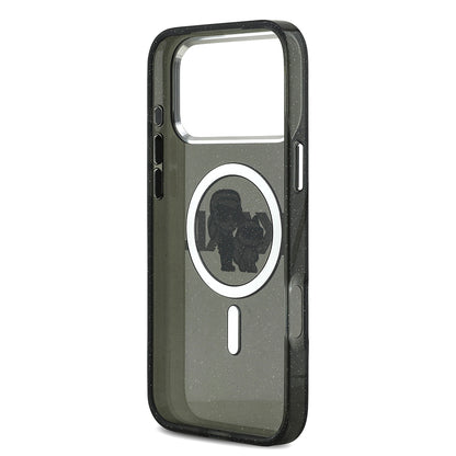 iPhone 17 Pro Max Kılıf Karl Lagerfeld Orjinal Lisanslı Parlayan Simli Karl & Choupette Sketch Logo Kılıf