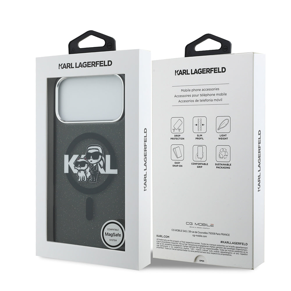 iPhone 17 Pro Max Kılıf Karl Lagerfeld Orjinal Lisanslı Parlayan Simli Karl & Choupette Sketch Logo Kılıf