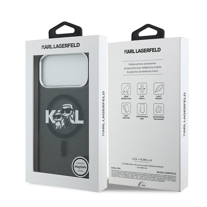 iPhone 17 Pro Max Kılıf Karl Lagerfeld Orjinal Lisanslı Parlayan Simli Karl & Choupette Sketch Logo Kılıf