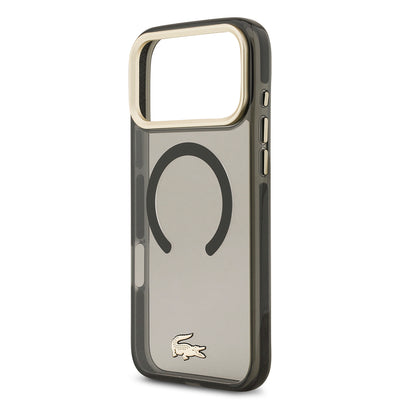 Apple iPhone 17 Pro Max Kılıf Lacoste Orjinal Lisanslı M-safe Şarj Özellikli Gold Timsah Logolu Buzlu Kapak Siyah