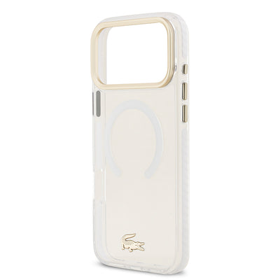 Apple iPhone 17 Pro Max Kılıf Lacoste Orjinal Lisanslı M-safe Şarj Özellikli Gold Timsah Logolu Buzlu Kapak Beyaz