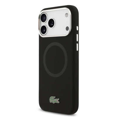 Apple iPhone 17 Pro Max Kılıf Lacoste Orjinal Lisanslı M-safe Şarj Özellikli İkonik Logolu Metal Kamera Çerçeveli Silikon Kapak Siyah