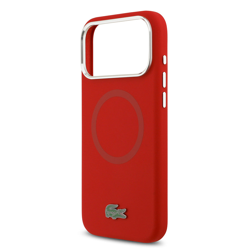 Apple iPhone 17 Pro Max Kılıf Lacoste Orjinal Lisanslı M-safe Şarj Özellikli İkonik Logolu Metal Kamera Çerçeveli Silikon Kapak Kırmızı