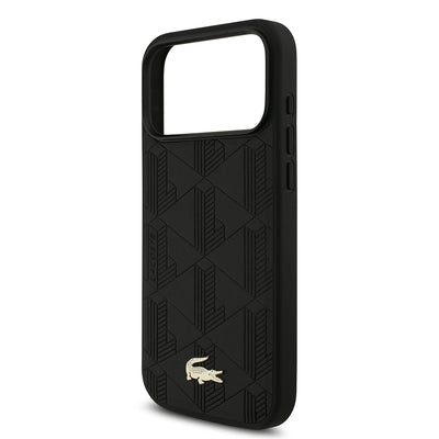 Apple iPhone 17 Pro Max Kılıf Lacoste Orjinal Lisanslı M-safe Şarj Özellikli PU Deri Tasarımlı Karışık Monogram Desenli Kapak Bej