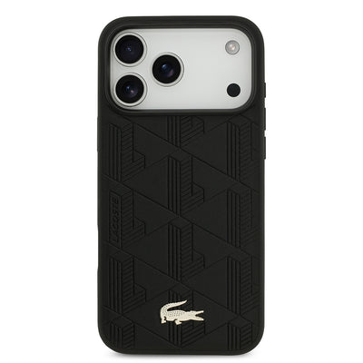 Apple iPhone 17 Pro Max Kılıf Lacoste Orjinal Lisanslı M-safe Şarj Özellikli PU Deri Tasarımlı Karışık Monogram Desenli Kapak Bej
