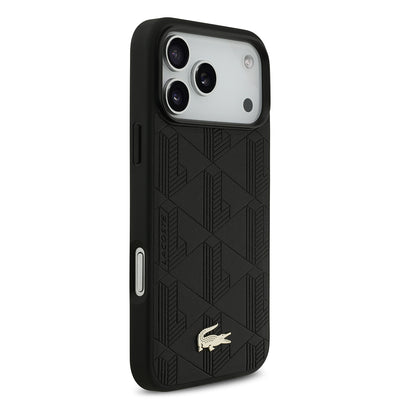 Apple iPhone 17 Pro Max Kılıf Lacoste Orjinal Lisanslı M-safe Şarj Özellikli PU Deri Tasarımlı Karışık Monogram Desenli Kapak Siyah