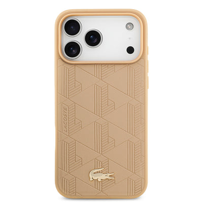 Apple iPhone 17 Pro Max Kılıf Lacoste Orjinal Lisanslı M-safe Şarj Özellikli PU Deri Tasarımlı Karışık Monogram Desenli Kapak Bej