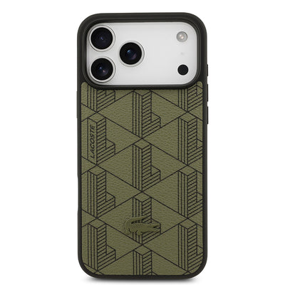 Apple iPhone 17 Pro Max Kılıf Lacoste Orjinal Lisanslı M-safe Şarj Özellikli PU Deri Tasarımlı Kartlıklı Karışık Monogram Desenli Kapak Siyah