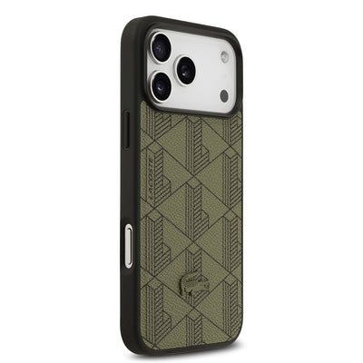 Apple iPhone 17 Pro Max Kılıf Lacoste Orjinal Lisanslı M-safe Şarj Özellikli PU Deri Tasarımlı Kartlıklı Karışık Monogram Desenli Kapak Siyah