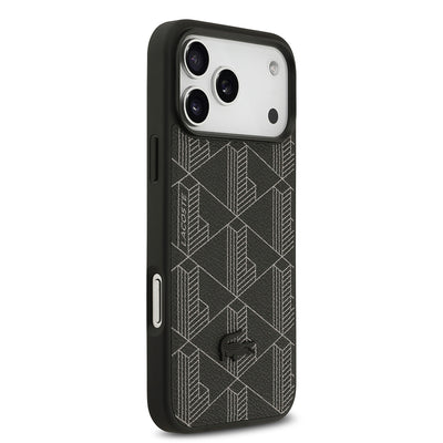 Apple iPhone 17 Pro Max Kılıf Lacoste Orjinal Lisanslı M-safe Şarj Özellikli PU Deri Tasarımlı Kartlıklı Karışık Monogram Desenli Kapak Siyah