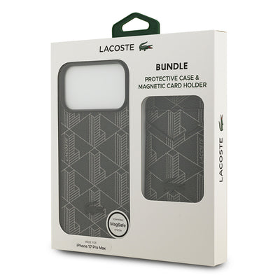Apple iPhone 17 Pro Max Kılıf Lacoste Orjinal Lisanslı M-safe Şarj Özellikli PU Deri Tasarımlı Kartlıklı Karışık Monogram Desenli Kapak Siyah